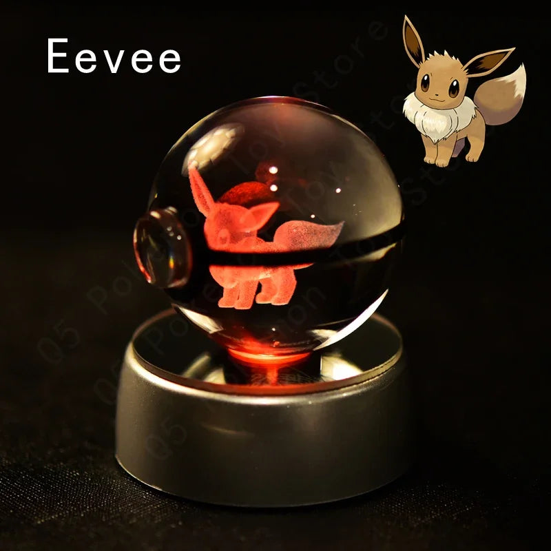 3D Pokemon Crystal Ball 5CM Mewtwo Pikachu Gengar Crystal Glass Pokemon Ball Pokeball Figure Night Light LED Lamp Base Gift