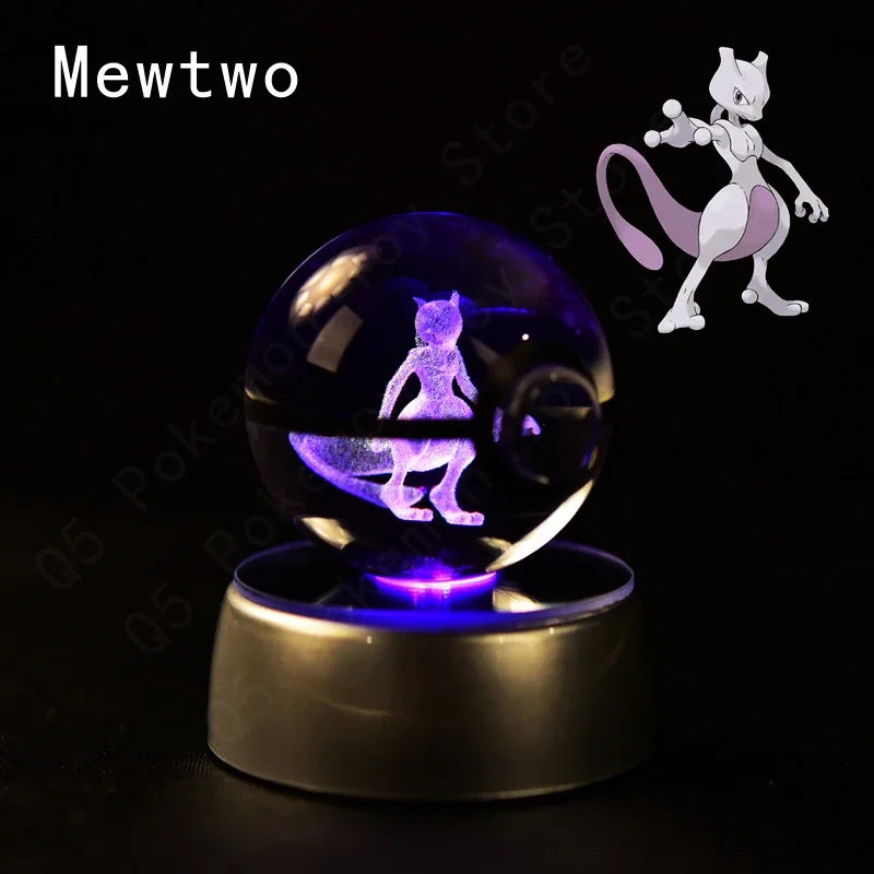 3D Pokemon Crystal Ball 5CM Mewtwo Pikachu Gengar Crystal Glass Pokemon Ball Pokeball Figure Night Light LED Lamp Base Gift