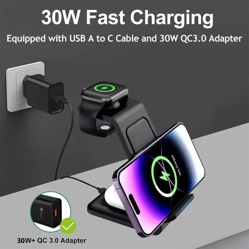 Desktop Universal Wireless Charger 2025 Innovative Products 3 in 1 Wireless Charger 30W Fast Charger for iPhone