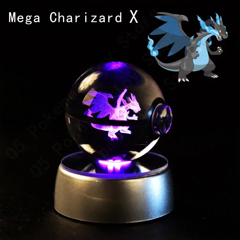 3D Pokemon Crystal Ball 5CM Mewtwo Pikachu Gengar Crystal Glass Pokemon Ball Pokeball Figure Night Light LED Lamp Base Gift