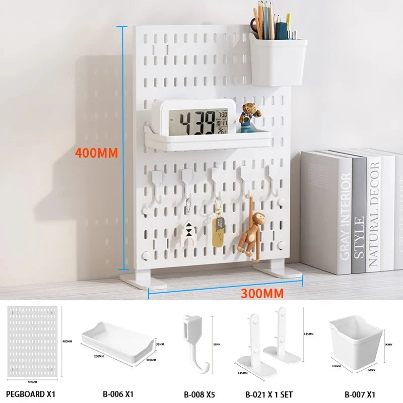 Pegboard combination desktop storage kit, vertical and clip-type pegboard display panels, suitable for home office storage.