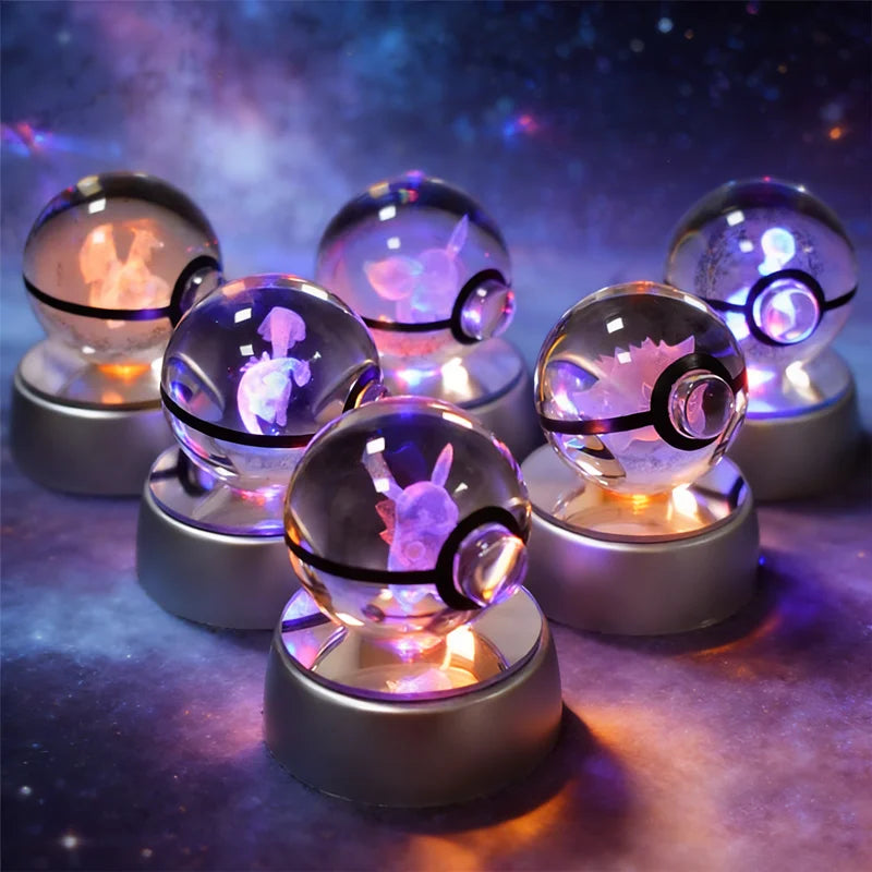 3D Pokemon Crystal Ball 5CM Mewtwo Pikachu Gengar Crystal Glass Pokemon Ball Pokeball Figure Night Light LED Lamp Base Gift