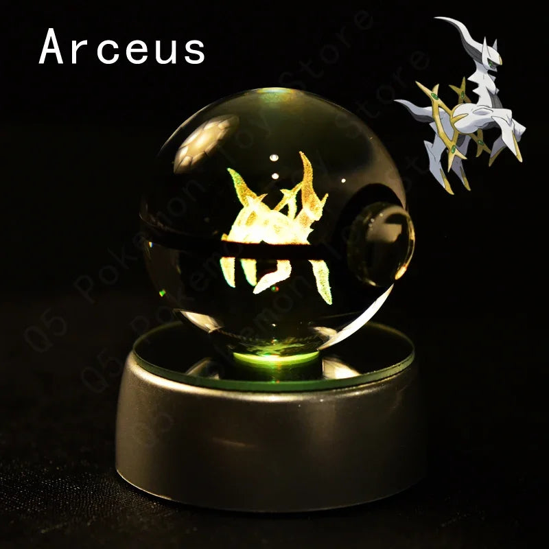 3D Pokemon Crystal Ball 5CM Mewtwo Pikachu Gengar Crystal Glass Pokemon Ball Pokeball Figure Night Light LED Lamp Base Gift
