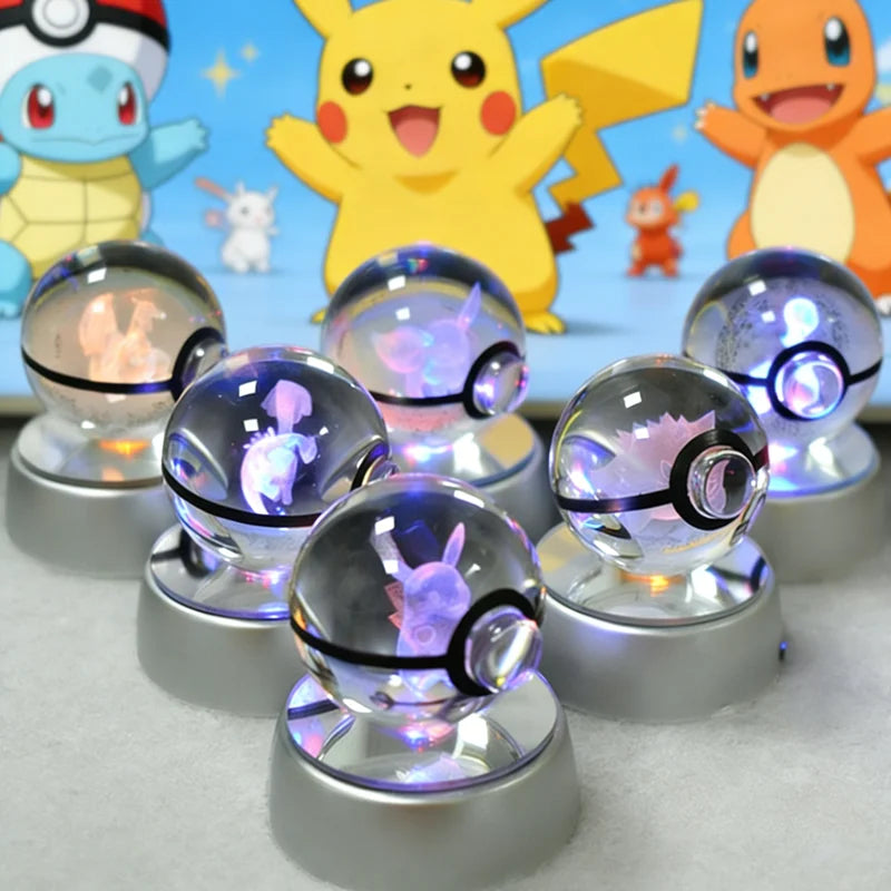 3D Pokemon Crystal Ball 5CM Mewtwo Pikachu Gengar Crystal Glass Pokemon Ball Pokeball Figure Night Light LED Lamp Base Gift