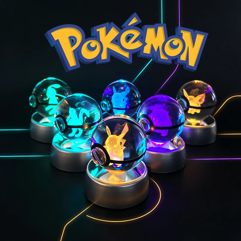 3D Pokemon Crystal Ball 5CM Mewtwo Pikachu Gengar Crystal Glass Pokemon Ball Pokeball Figure Night Light LED Lamp Base Gift