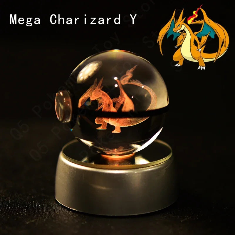 3D Pokemon Crystal Ball 5CM Mewtwo Pikachu Gengar Crystal Glass Pokemon Ball Pokeball Figure Night Light LED Lamp Base Gift
