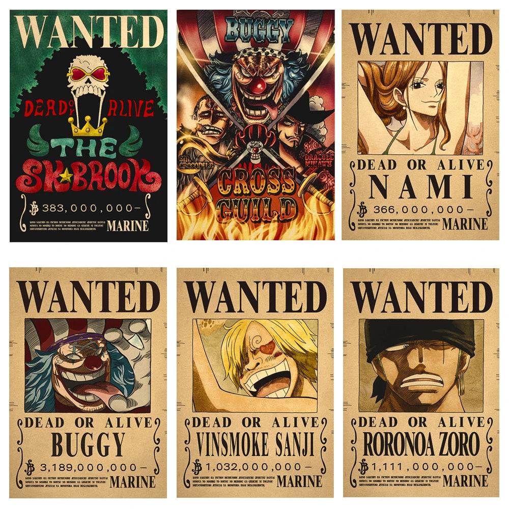 One Piece Luffy Gear 5 Nika Billion Bounty Wanted Posters Four Emperors Anime Action Figures Vintage Wall Decoration Poster Toys