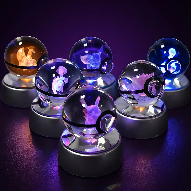 3D Pokemon Crystal Ball 5CM Mewtwo Pikachu Gengar Crystal Glass Pokemon Ball Pokeball Figure Night Light LED Lamp Base Gift