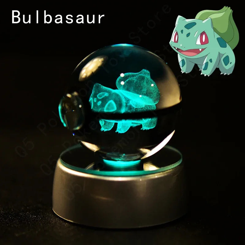 3D Pokemon Crystal Ball 5CM Mewtwo Pikachu Gengar Crystal Glass Pokemon Ball Pokeball Figure Night Light LED Lamp Base Gift